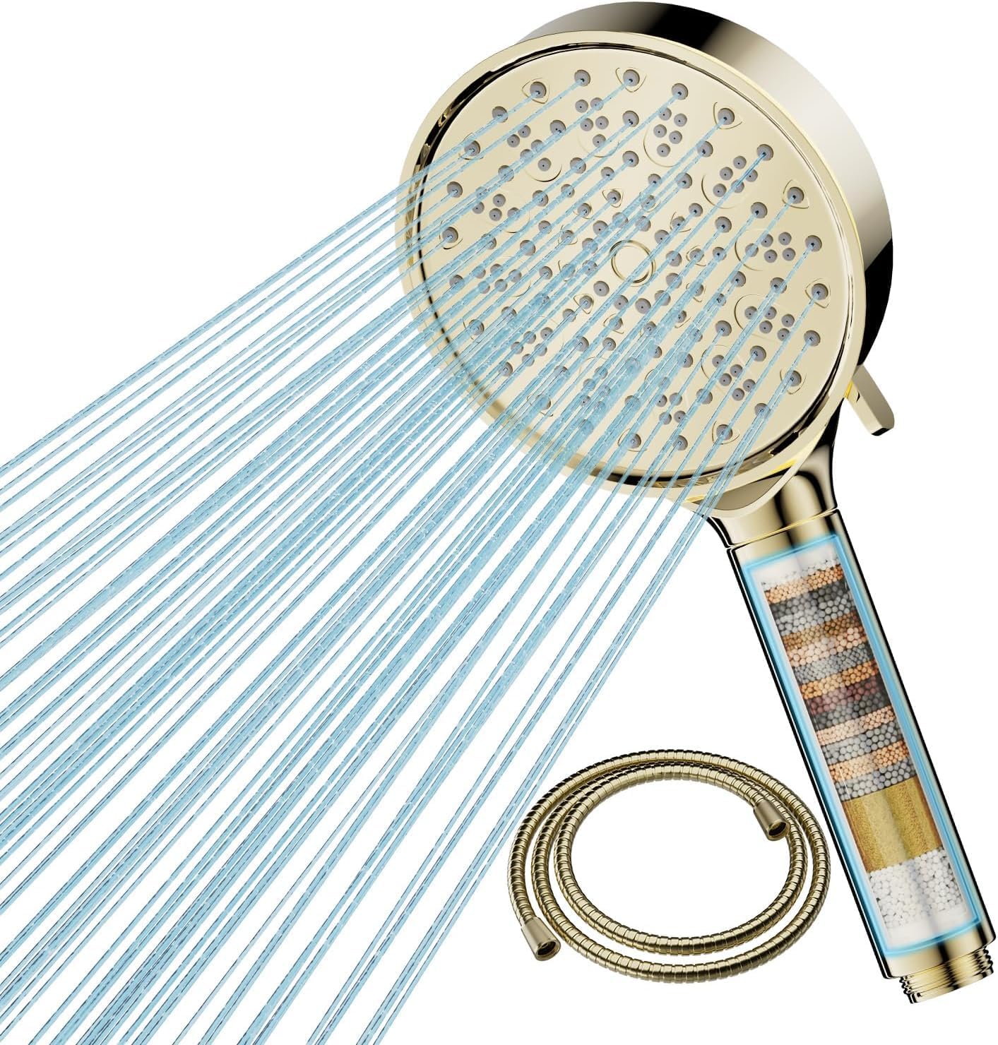 Cobbe Hard Water Filter Shower Head and Hose with 20 Stage Filter, 6 Spray Jet Modes High Pressure Bathroom Shower Head, Large Powerful Handheld Showerhead for Residual Chlorine Remove, Gold