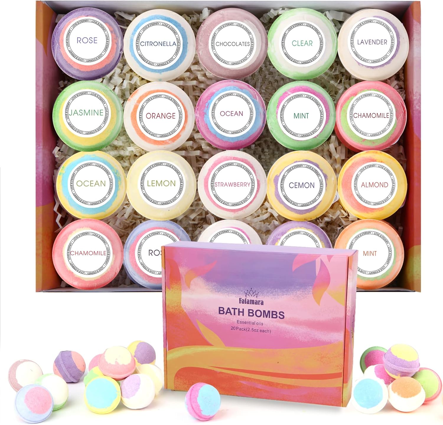 Fafamara Bath Bombs, Foaming Gift Set 20 Organic & Natural Handcrafted Essential Oils Relaxation and Stress Relief Fizzy Balls Ideal Birthday Gift for Her/Him, Women, Wife, Girlfriend, Mother