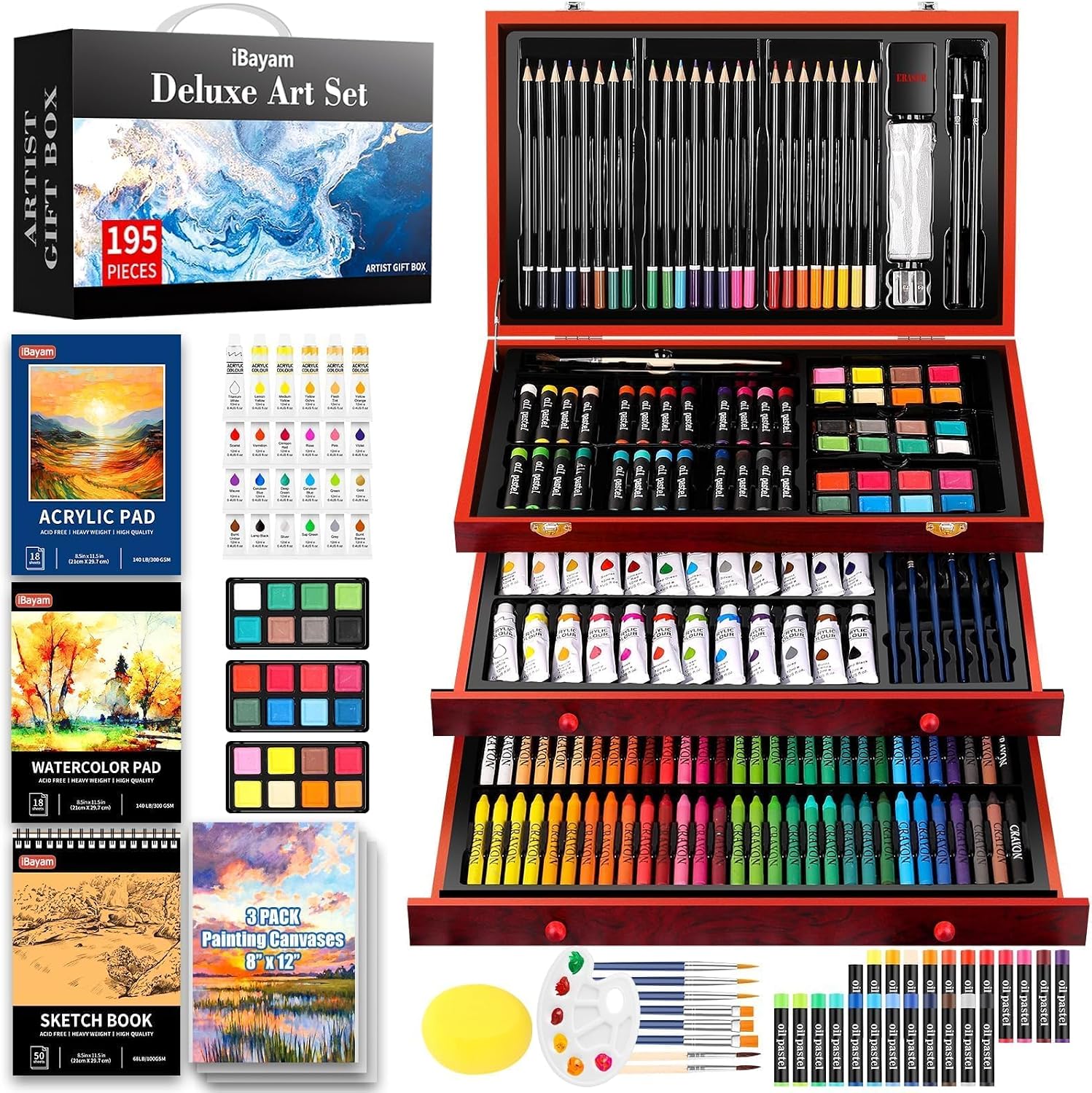 iBayam Art Supplies, 195-Pack Deluxe Drawing Painting Kit, 3 Sketchbook Set