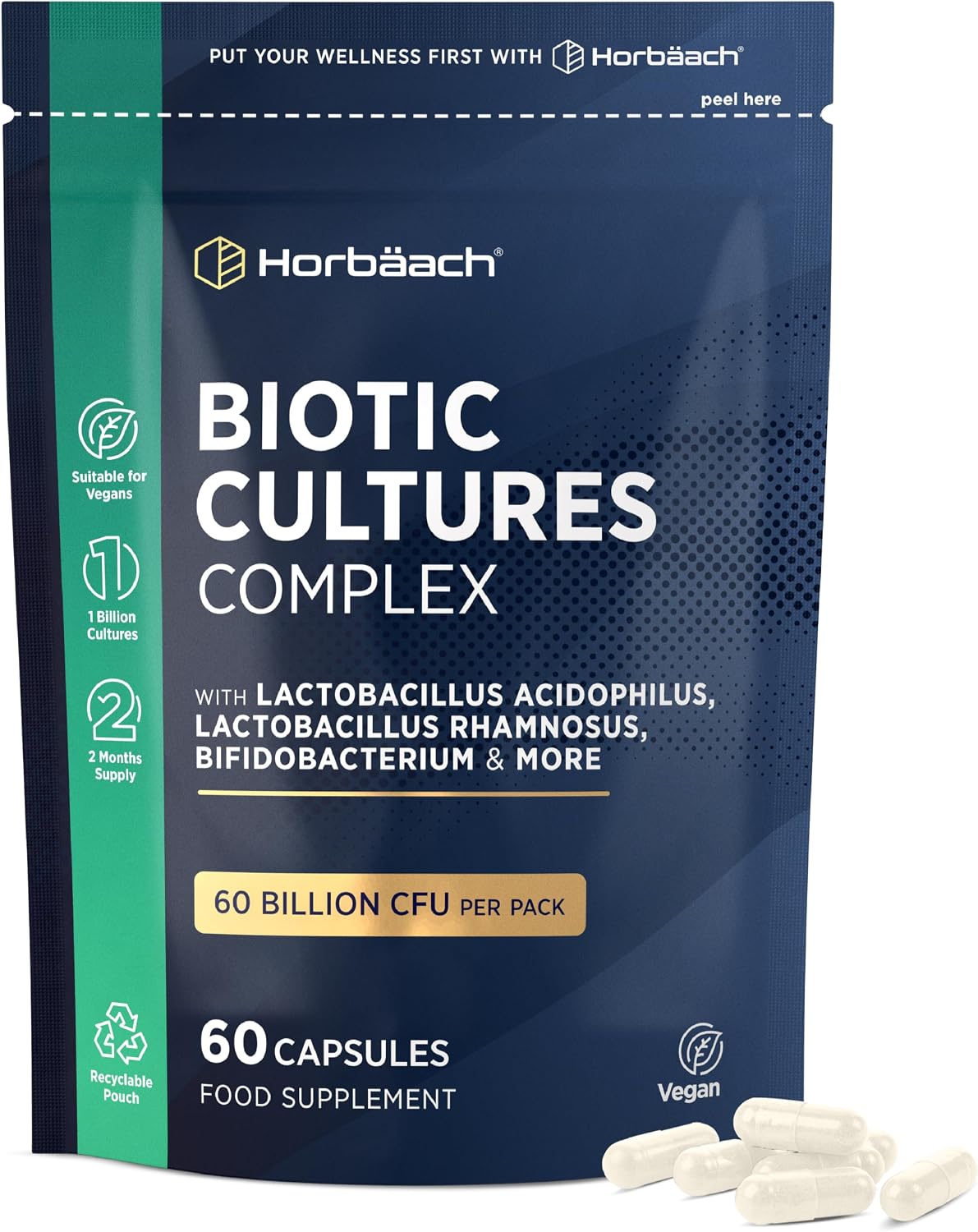 Bio Cultures Complex 60 Billion CFU Per Pack | Advanced Multi-Strain Biotic with Lactobacillus Acidophilus, Bifidobacterium | 60 Vegan Capsules | Supplement for Men & Women | by Horbaach