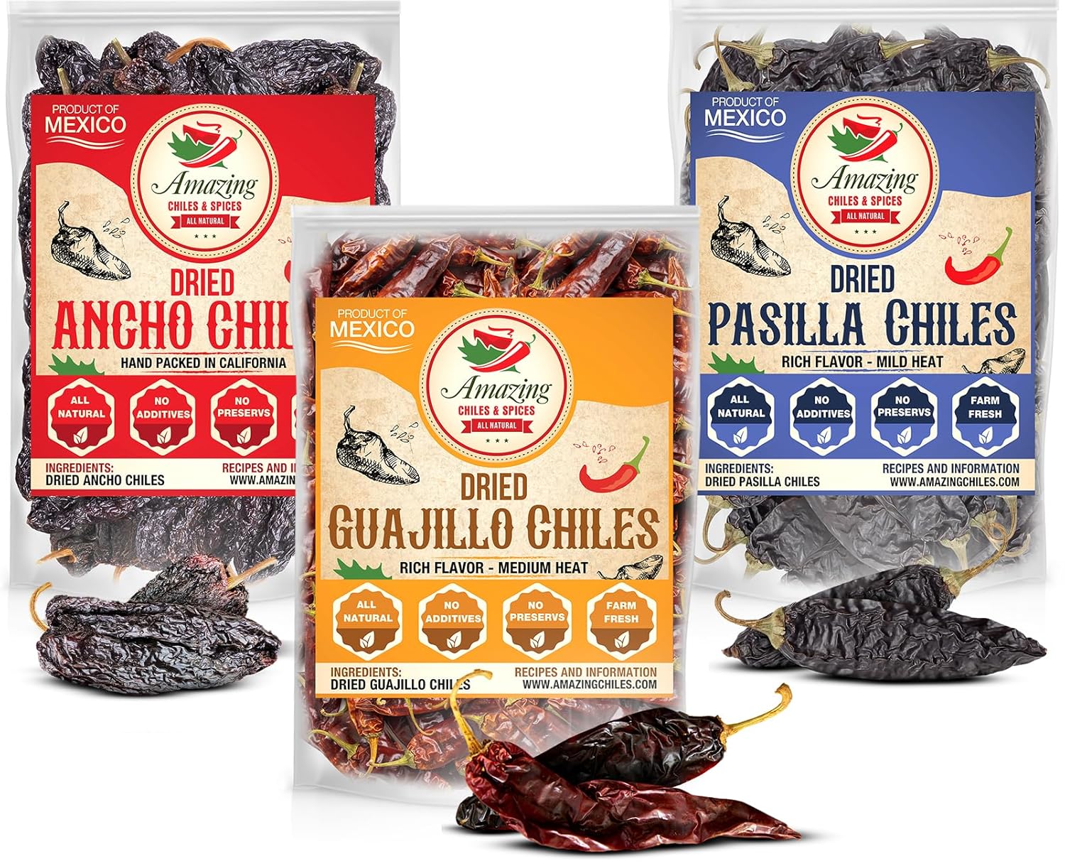 Dried Chile Peppers Variety Pack (12 oz Total) - Ancho, Guajillo, Pasilla Chiles – Staple for Mexican Recipes - Birria, Salsa, Sauces, Stews, Tamales By Amazing Chiles and Spices