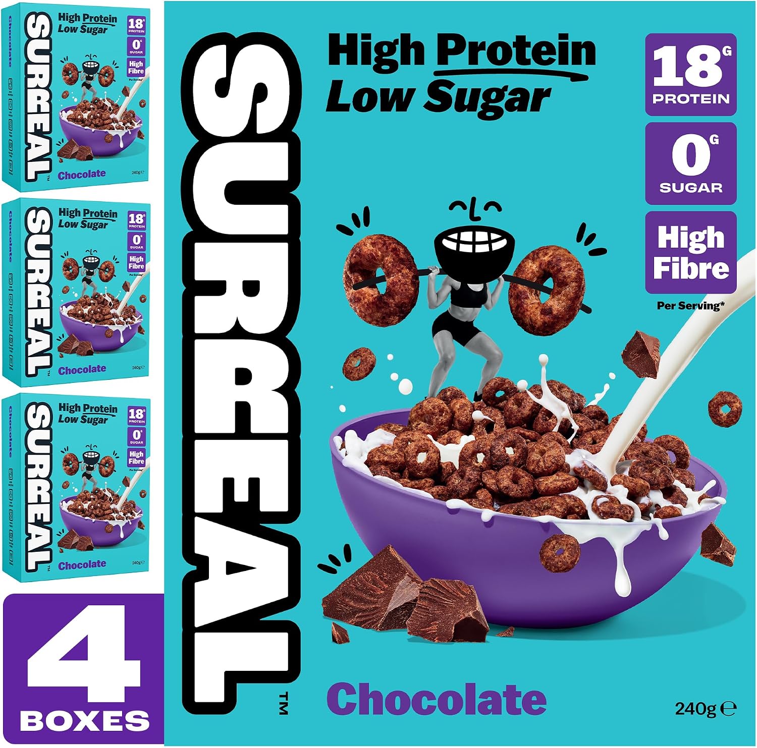 Surreal Chocolate - High Protein Cereal - Zero Sugar- Healthy Plant Based Cereal - High in Fibre - Low Carb - Gluten Free - Vegan - 18g of Protein, 0g of Sugar - 240g per Box - 4 Pack (4 x Chocolate)