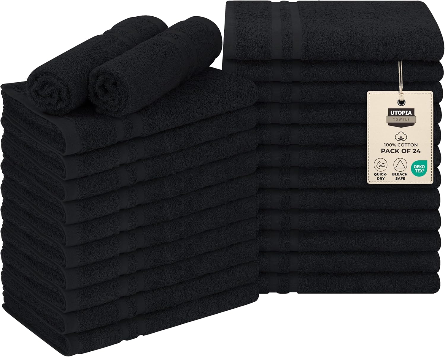 Utopia Towels Cotton Bleach Proof Salon Towel 16 by 27 inches, Bleach Safe Gym 100% Cotton Hand Towel, 24 Pack, Black
