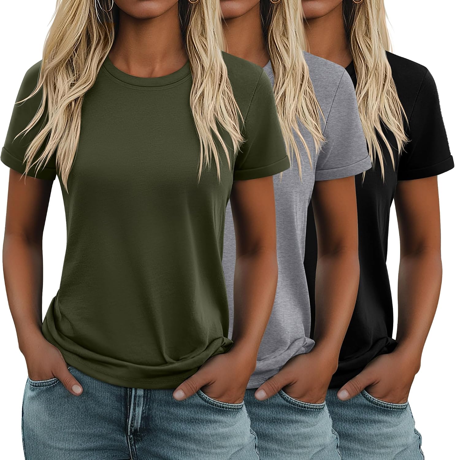 Geyoga 3 Pack Women's Cotton T Shirts Casual Short Sleeve Tunic Tops Crewneck Summer Loose Fit Plain Basic Tee