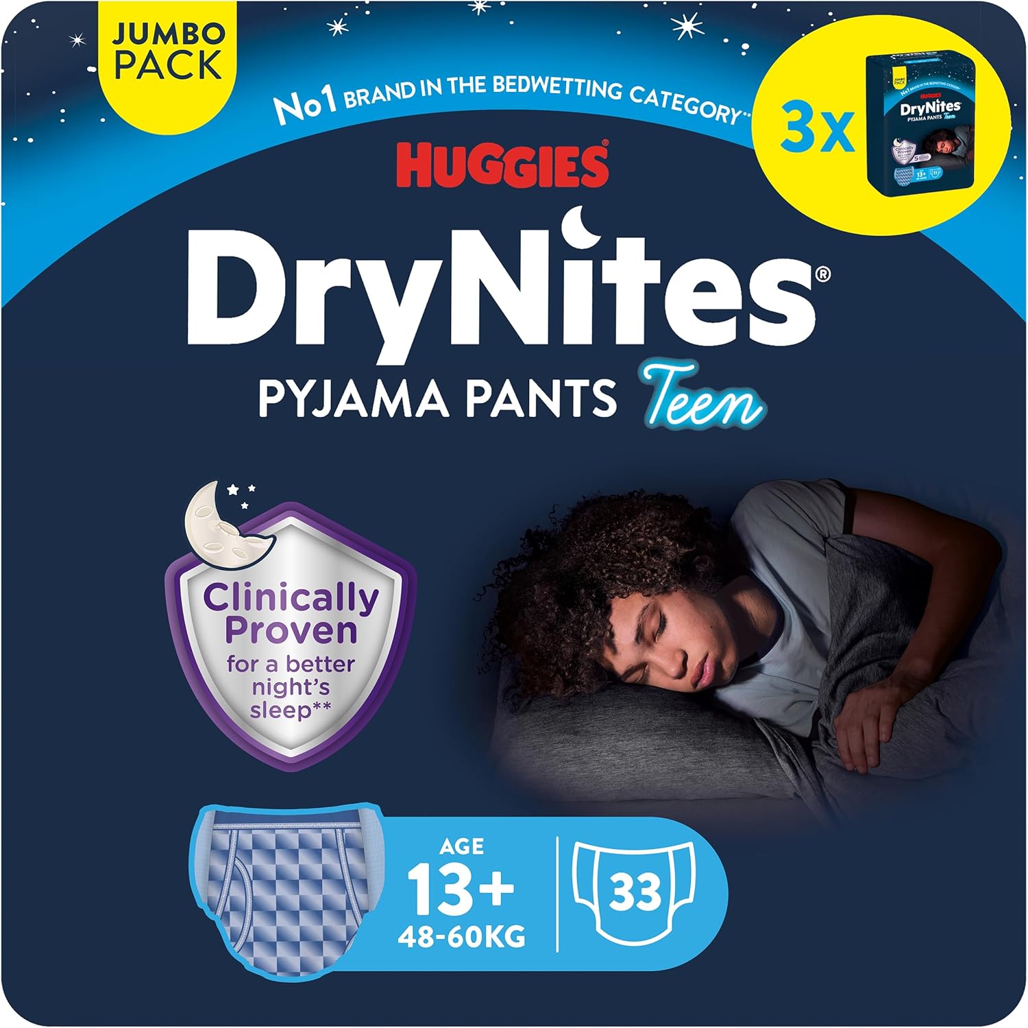 HUGGIES DryNites, Pyjama Pants, Boys 13+ Years (48-60KG), 33 x Bedwetting Pants, Up to 100% Leak Free Nights
