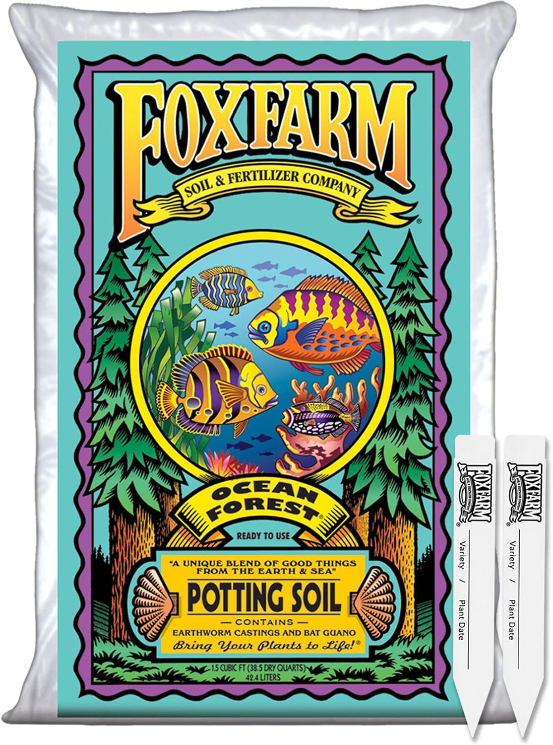 FoxFarm Ocean Forest Potting Soil with 2 Plant Tags, 1.5 cu ft – Light, Aerated Texture – for All Container Plants