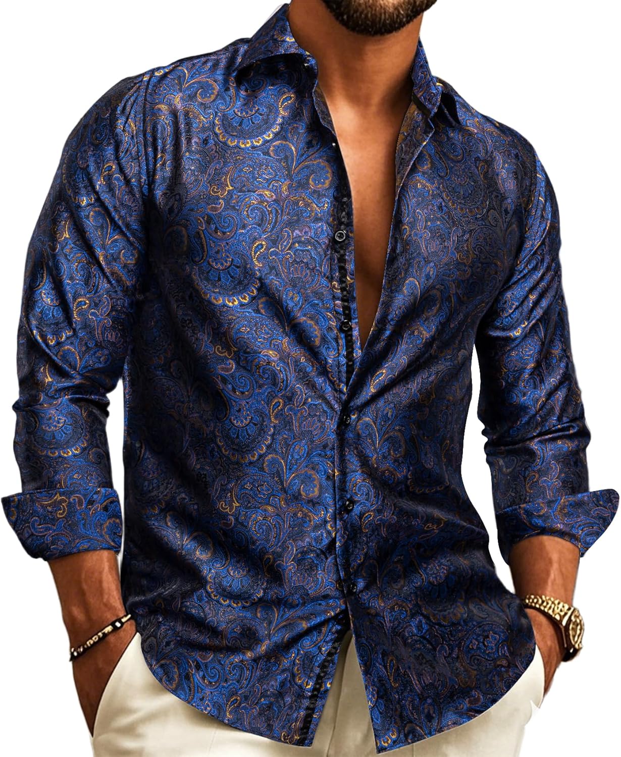 Barry.Wang Men Dress Shirts Paisley Silk Long Sleeve Button Big and Tall Down Shirt Fashion Leisure Wedding Party Prom