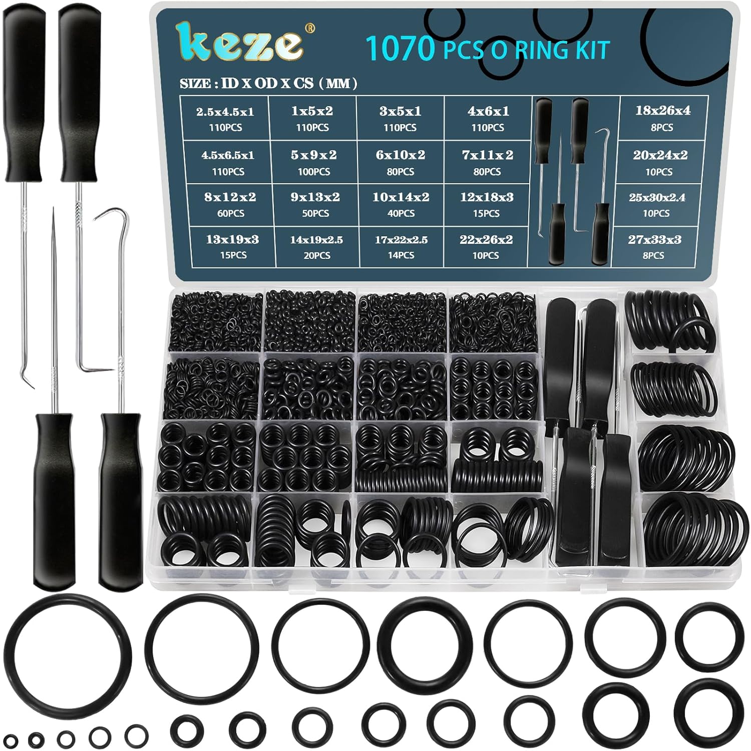 KEZE 1070 Pcs 20 Size O Rings Assortment Kit with Pick and Hook Set for Assorted Automotive Plumbing Pressure Washer Faucet Repair Air or Gas Sealing,Nitrile Rubber Resist Oil and Heat OD:4.5mm-33mm