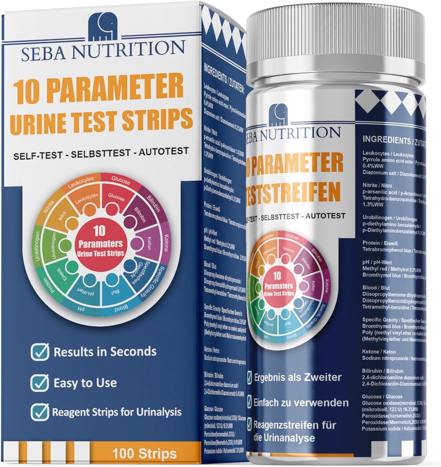 Seba Nutrition 10-Parameter Urine Test Strips – Bilirubin, Ketones, Blood, Protein, Nitrite, Leukocytes, Glucose, Specific Gravity and More – 100 Strips (5 x 20 Aluminium Sachets)