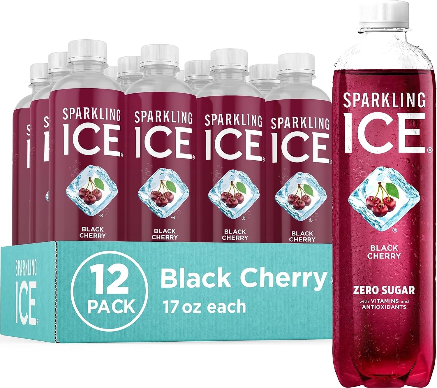 Sparkling Ice, Black Cherry Sparkling Water, Zero Sugar Flavored Water, with Vitamins and Antioxidants, Low Calorie Beverage, 17 fl oz Bottles (Pack of 12)
