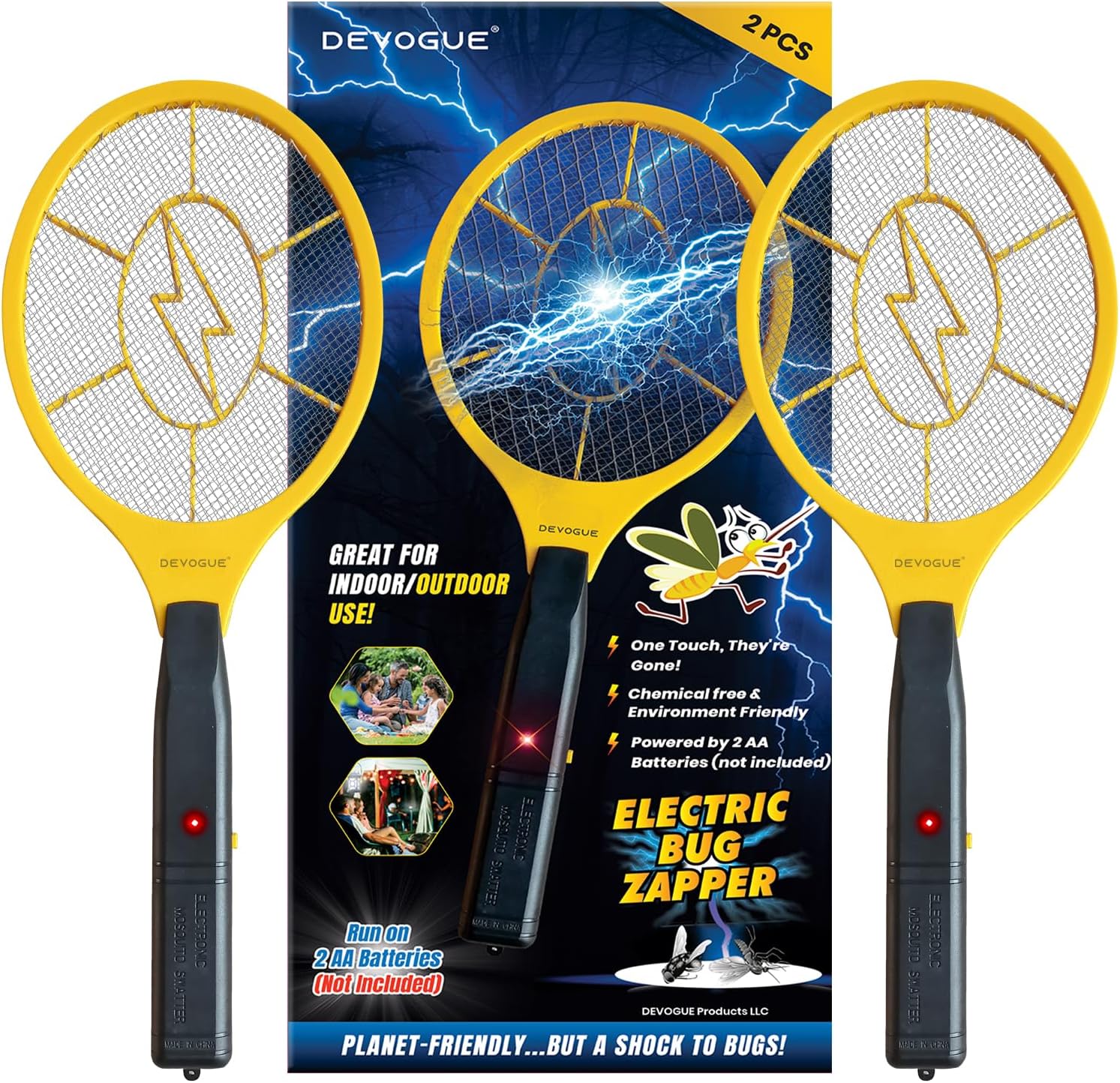 DEVOGUE® Pack of 2 Electric Fly Swatter Bug Zapper Battery Operated Flies Killer Indoor & Outdoor Pest Control Mosquito Zapper and Insect Catcher Racket (Packing May Vary)