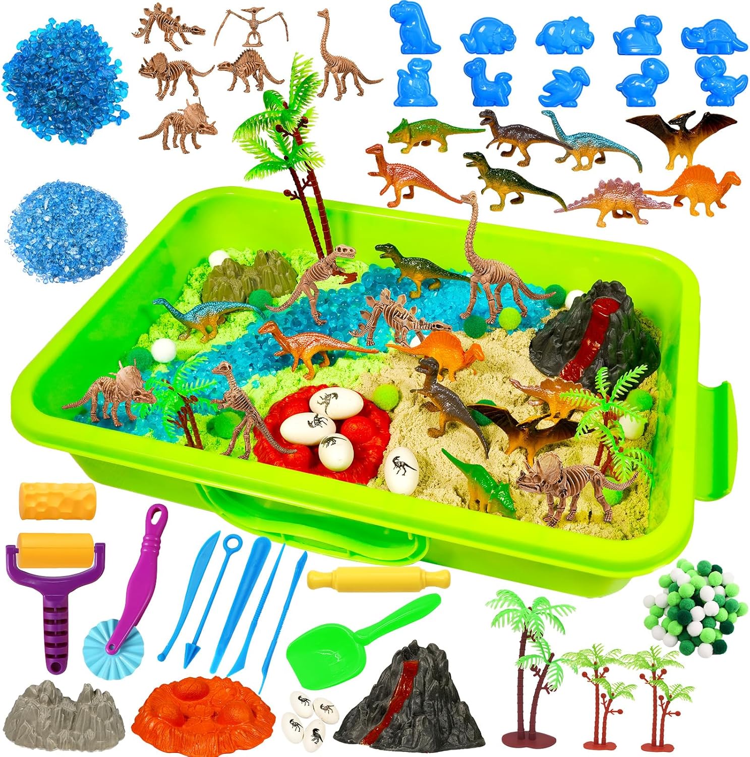 Bbiamsleep Dinosaur Sensory Bin, 147 Pcs Dinosaurs Sand Kit with Sandbox 2.2 lbs Color Sensory Sand 10 Dinosaur Mould 9 Tools Dinosaur Sensory Bin Fillers for Birthday Party