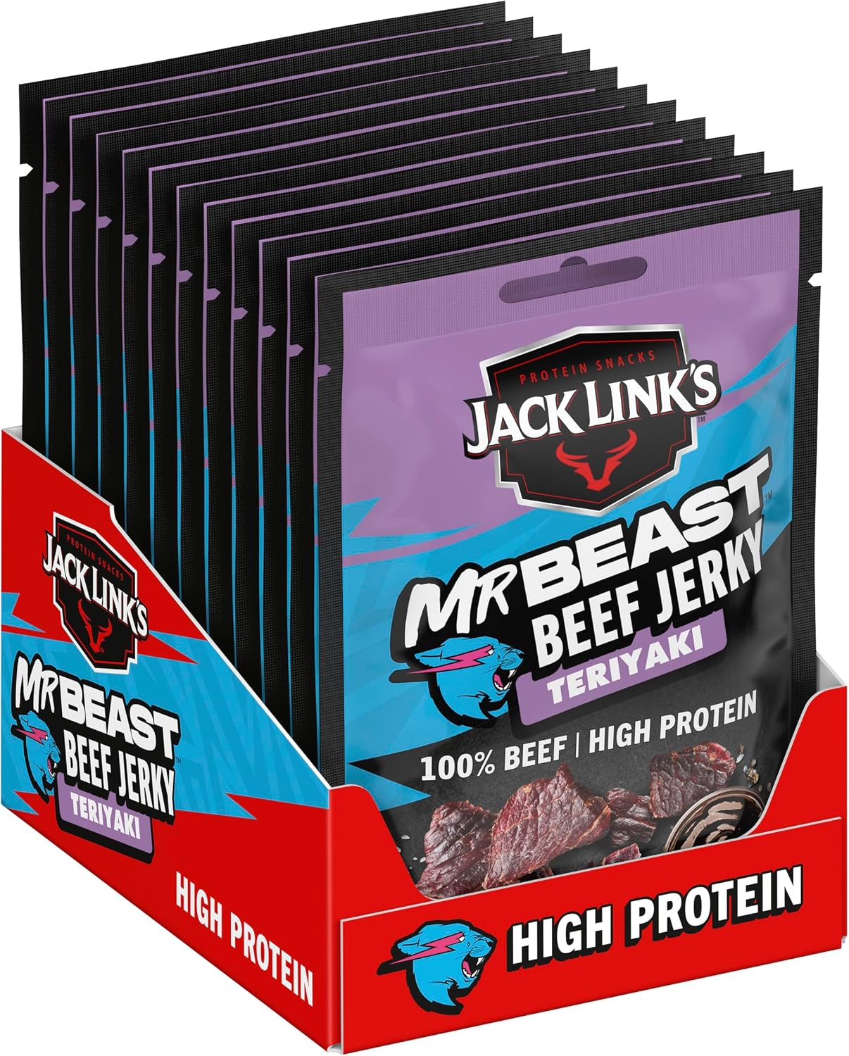 Jack Link's Beef Jerky, Teriyaki Flavour, Multipack of 12 x 25g Bags, High Protein Meat Snack, Made with Premium Beef