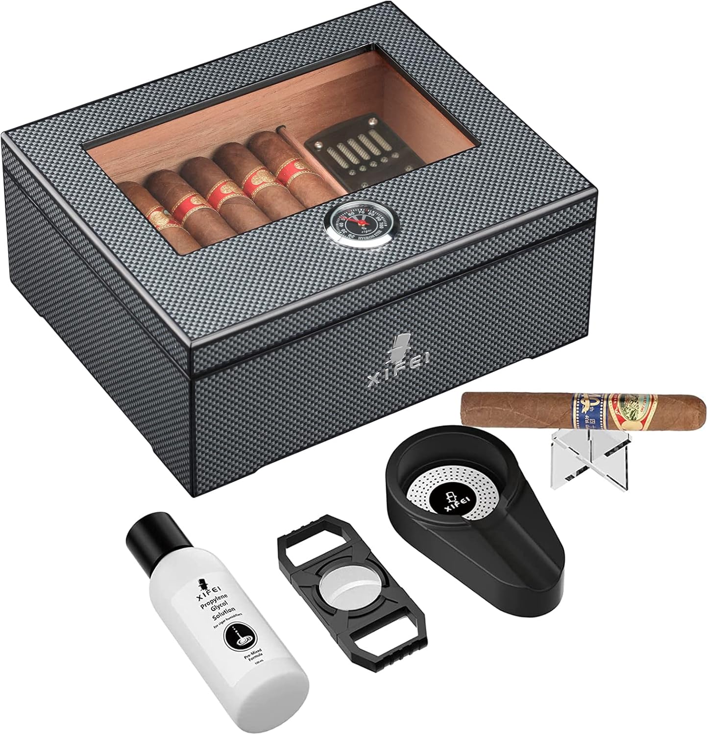 XIFEI Cigar Humidor, Spanish Cedar Wood Desktop Humidor Box Storage 25-60 Cigars, Glass Top Carbon Fiber Texture Humidors with Hygrometer, Humidifier, Humidor Solution, Cigar Accessories Gifts for Men