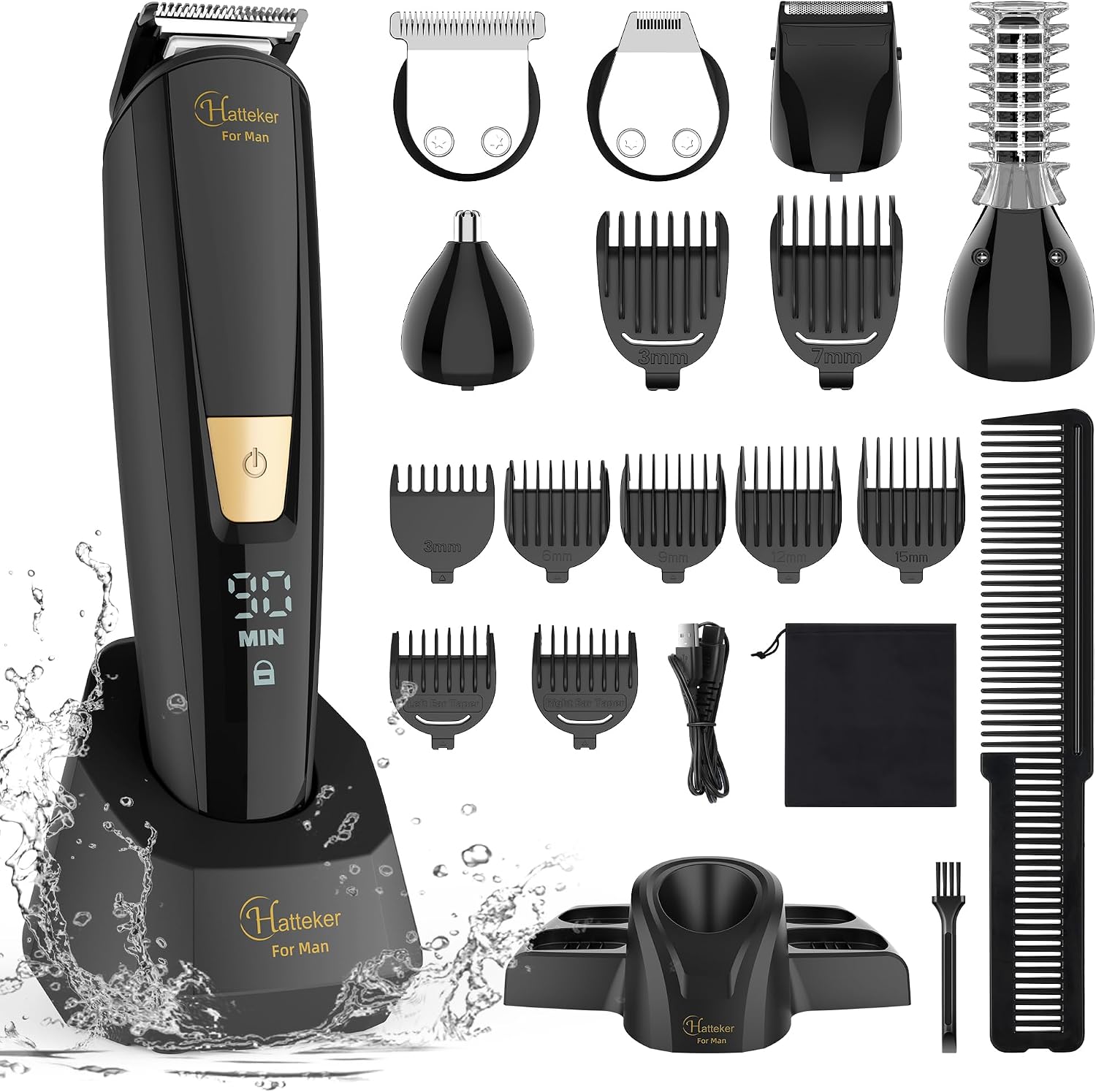 Hatteker Mens Body Hair Beard Trimmer Groin Trimmer Mens Grooming Kit Electric Razor Body Shaver Groomer Waterproof 6 in 1