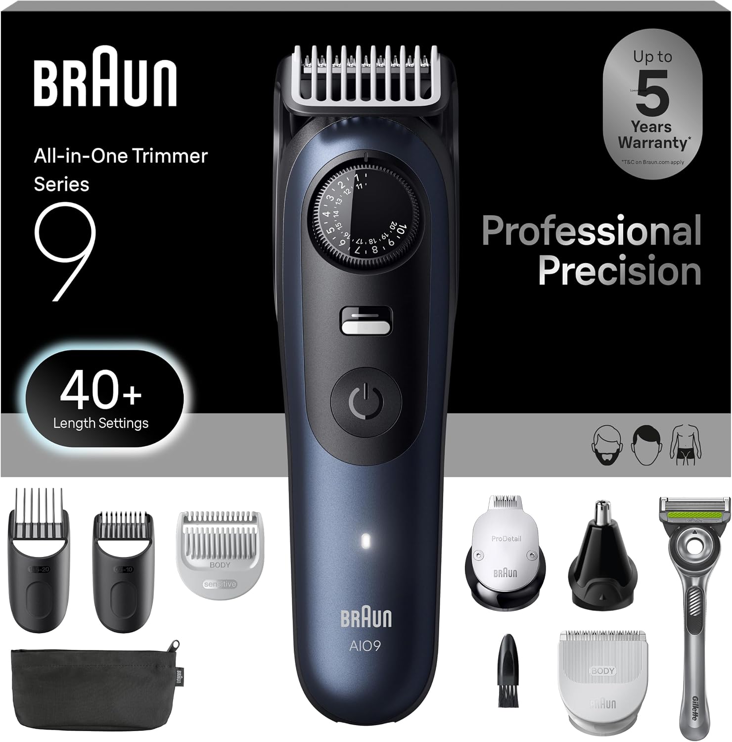 Braun Series 9 All-in-One Beard & Body Grooming Kit for Men, Cordless Trimmer, Hair Clippers & Shaver for Face, Hair & Body with Gillette Labs Razor, AIO 9530