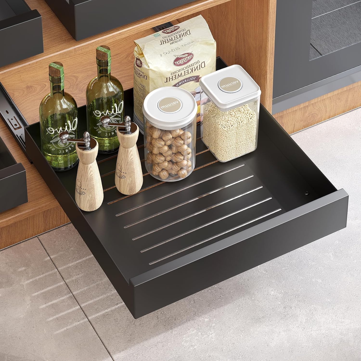 Kitstorack Pull Out Cabinet Organiser,Pull Out Shelf Slide Out Drawers Storage for Kitchen Cupboards,Heavy Duty Extendable Sliding Drawer, No Need Drill, 43 Depth x 40 Width x 8 Height cm,Black