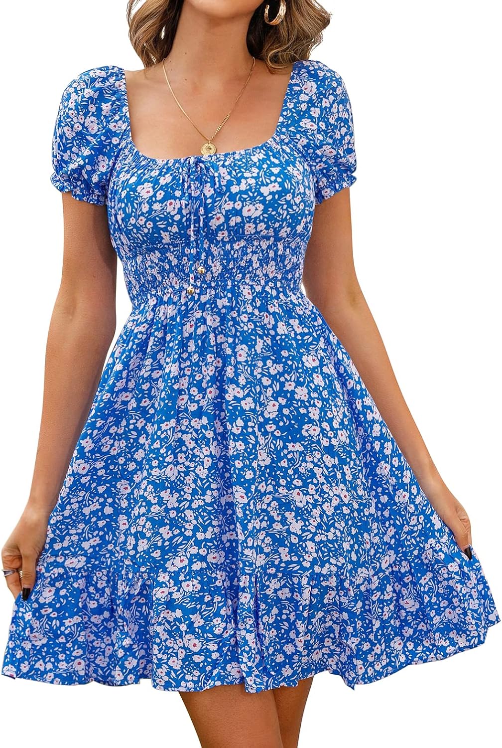 Livonmone Womens Summer Casual Sweetheart Neckline Puff Sleeve Floral Print High Waist Dress Boho Beach Mini Short Dresses