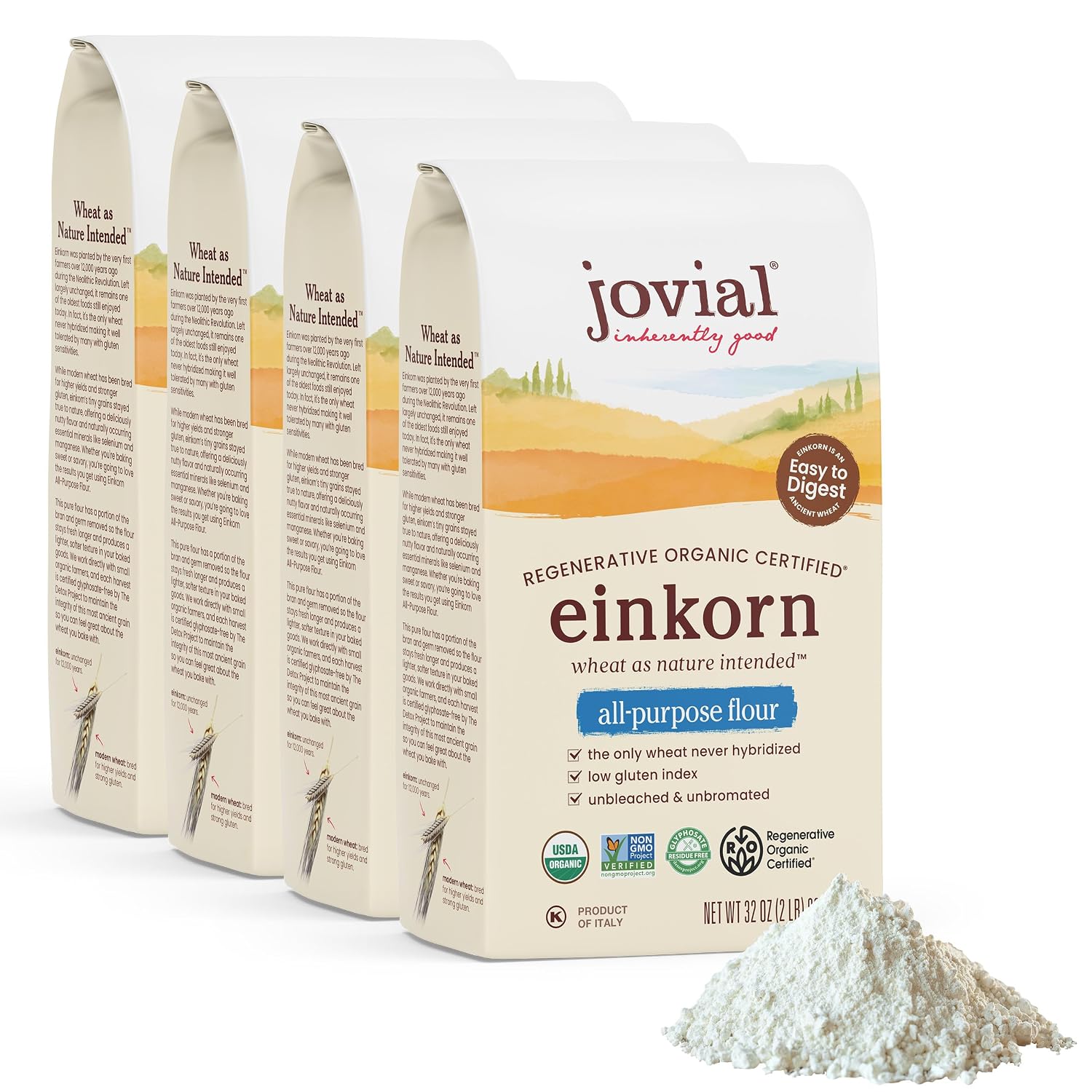 Jovial Organic Einkorn Unbleached All Purpose Flour, Non-GMO, 32 Oz, 4 Pack