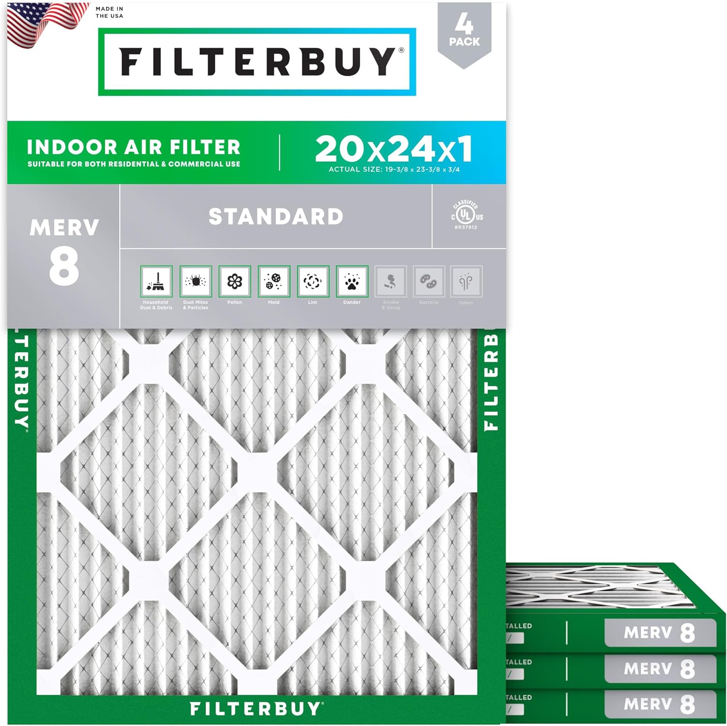 Filterbuy 20x24x1 Air Filter MERV 8 Dust Defense (4-Pack), Pleated HVAC AC Furnace Air Filters Replacement (Actual Size: 19.38 x 23.38 x 0.75 Inches)