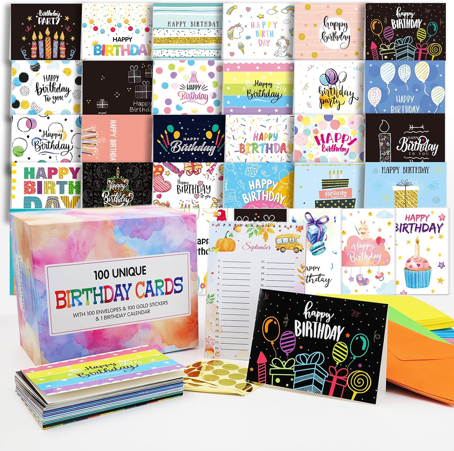 Assorted Happy Birthday Cards Bulk 100 Sets Unique Birthday Cards With Envelopes, Gold Seal Stickers, Birthday Calendar, Store Box Happy Birthday Gifts With Message Inside 5x7 Inch