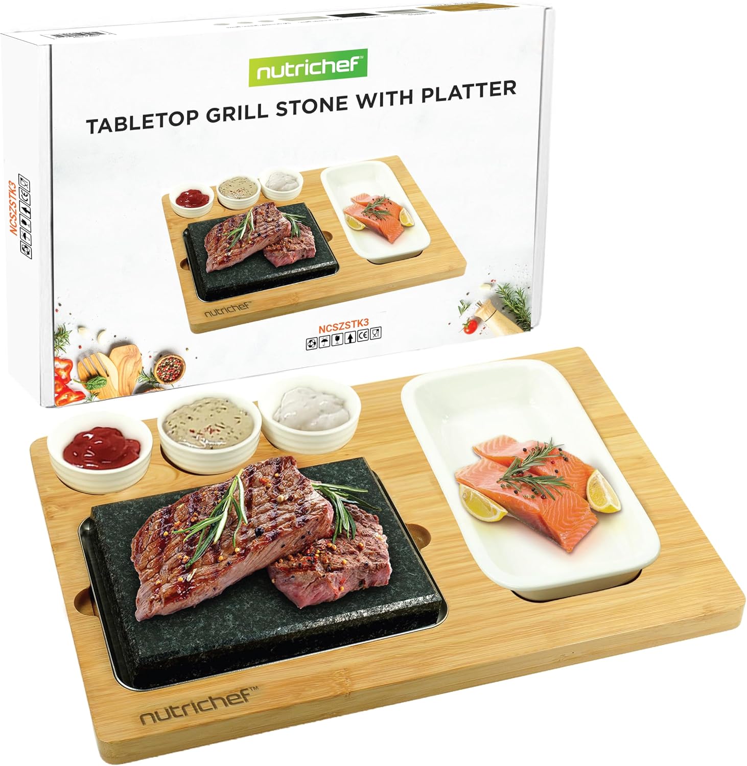 NutriChef Steak Stone Grill, Hot Stones Steak Set, with Bamboo Platter, Stainless Steel Tray and Ceramic Sauce Bowls, Good for Indoor Outdoor Dining, Cooking, Parties and Gifts