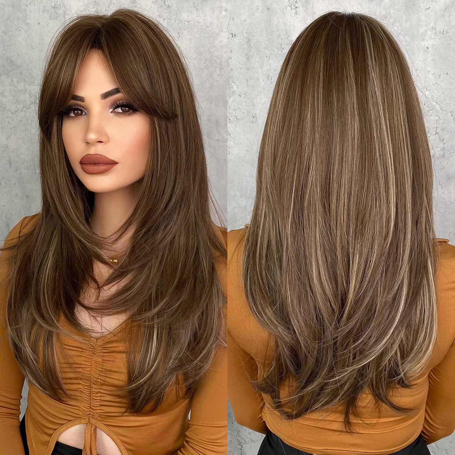 7JHH WIGS Honey Blonde Wig with Bangs Long Brown Wigs for Women,Layered Heat Resistant Synthetic Wigs for Daily Use