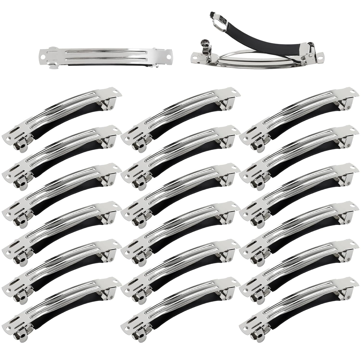 Cinaci 20 Pack 8cm/3" Simple Plain Blank DIY Caft Silver Metal French Hair Barrettes with Black Leather Cover Snap Hair Clips Clasps for Women Girls Teens Hair Accessories (3 Inch)