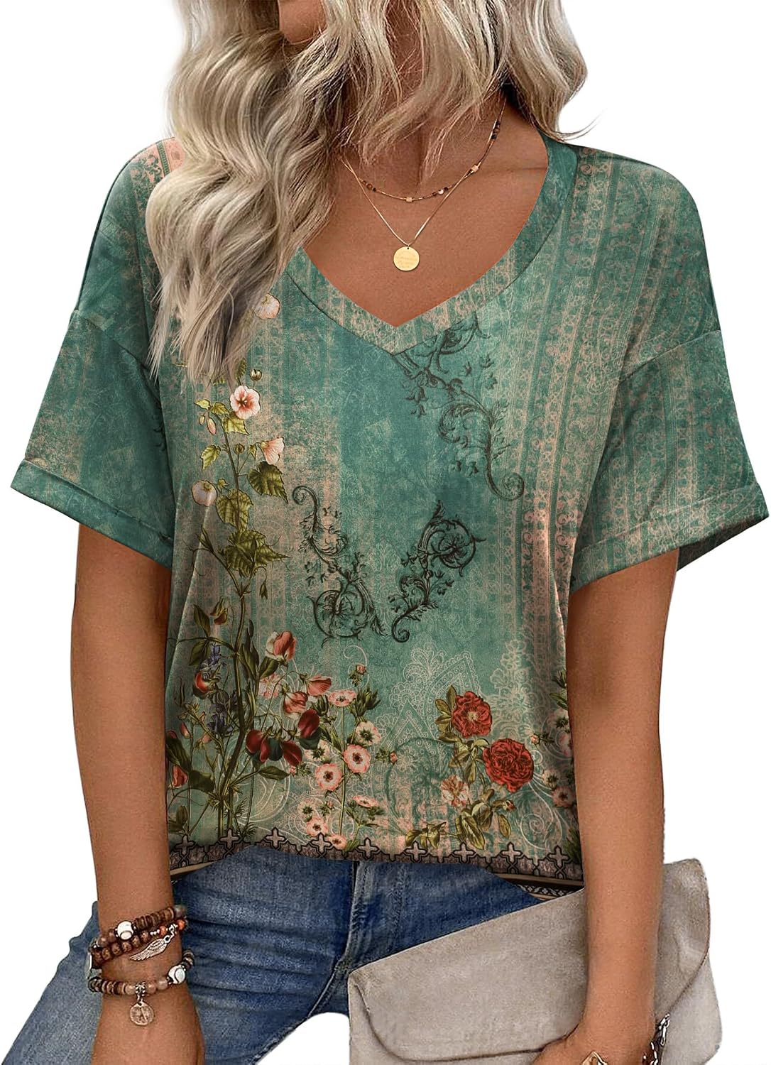 Zeagoo Women's T-Shirts V Neck Short Sleeve Tops Basic Tshirt Summer Casual Tee Shirts Loose Floral Blouse Top