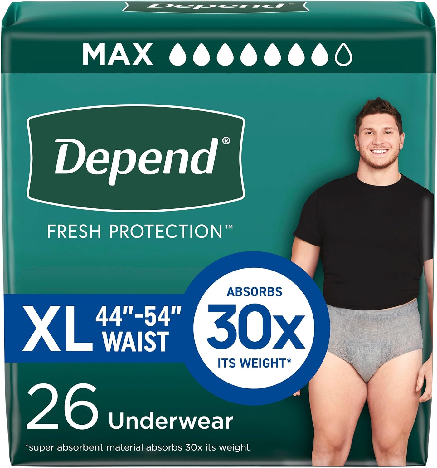 Depend Fresh Protection Adult Diapers, Incontinence Underwear for Men, Disposable, Maximum, Extra-Large, Grey, 26 Count, Packaging May Vary