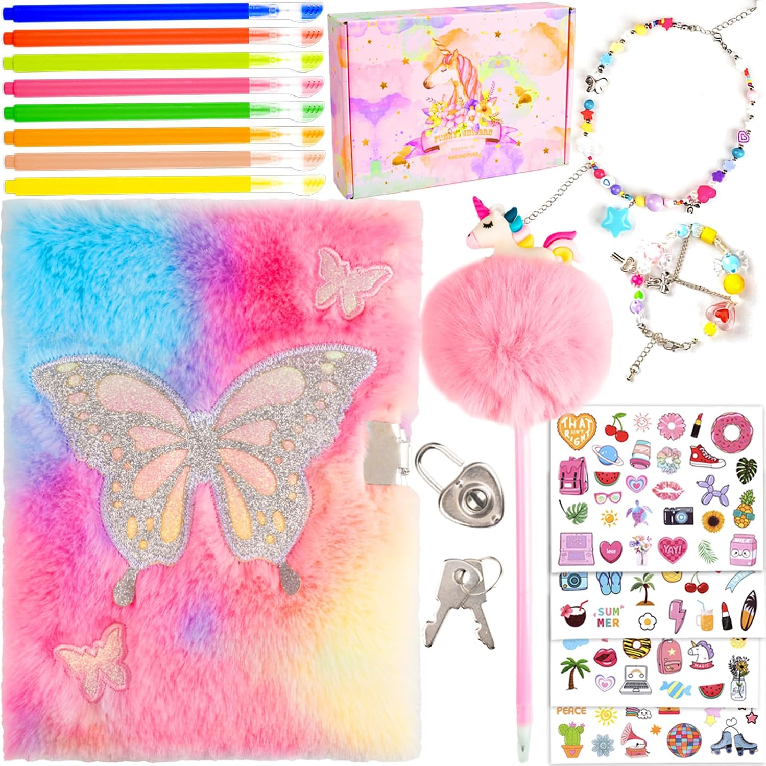 Diary for Girls with Lock and Keys, Kids Journal School Travel Notebook Gift Set for Writing and Drawing,Multicolored Pen, Stickers, Birthday Gift for Girls Ages 6-8 (Pink-Butterfly)