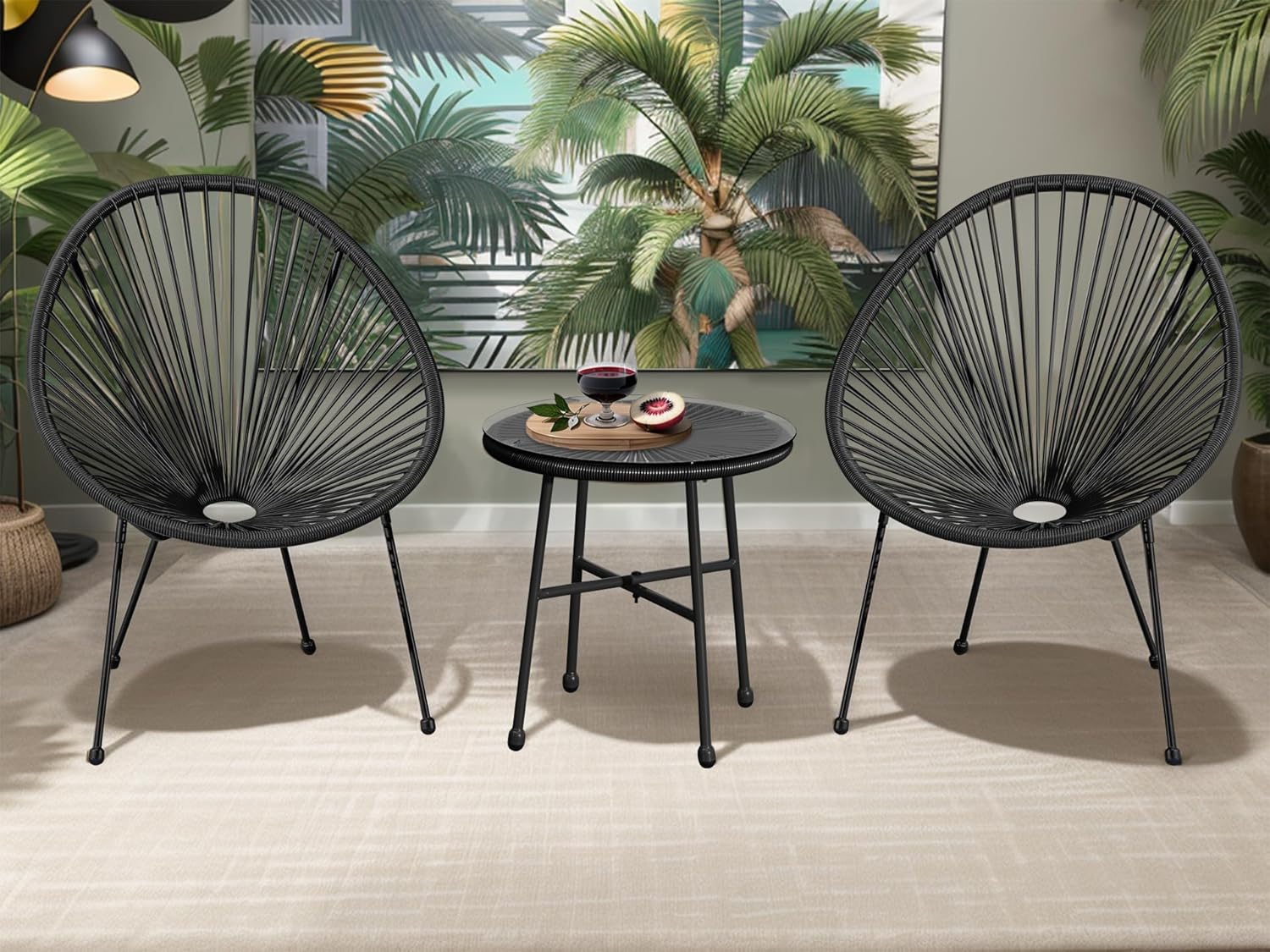 Bistro Egg Chair Set Rattan garden Decking Furniture Sets of 2 String Patio Outdoor Seating Set For Terraces Balconies 3pieces Conversational 2 Chairs 1 Glass Top Coffee Table (Black)
