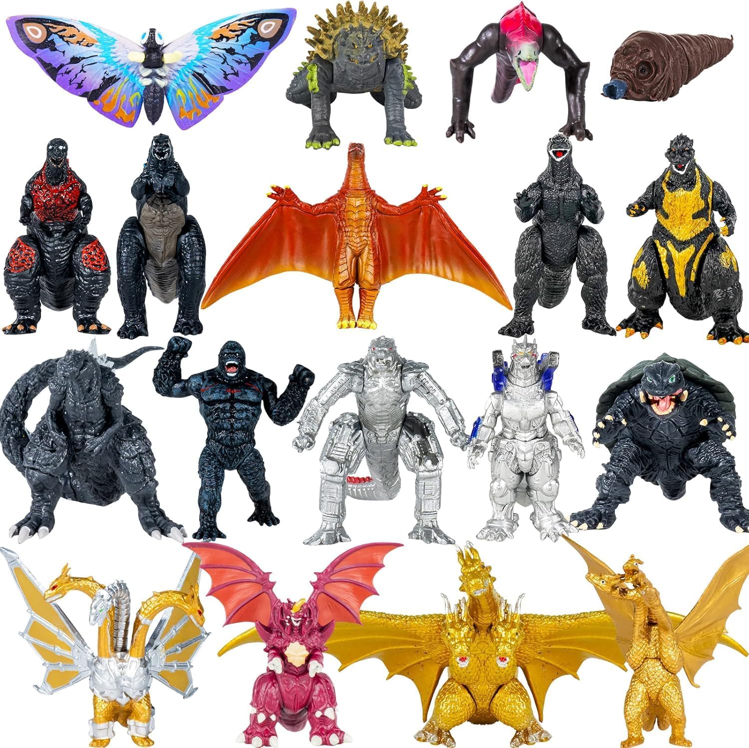 Set of 18 pcs Godzilla vs Kong Toys, Dinosaur Action Figures 4 inches Tall, King of The Monsters Shin Ultima Gamera Mecha Ghidorah Skull Crawler Destoroyah Cake Toppers