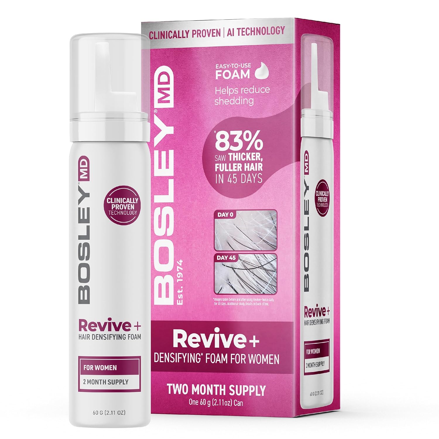 BosleyMD Women's Revive + Densifying Treatment Foam – Drug-Free Hair Thinning Treatment with YuvaBio® Y100™, Biotin & Pumpkin Seed Oil – 60-Day Supply, 2.11 oz