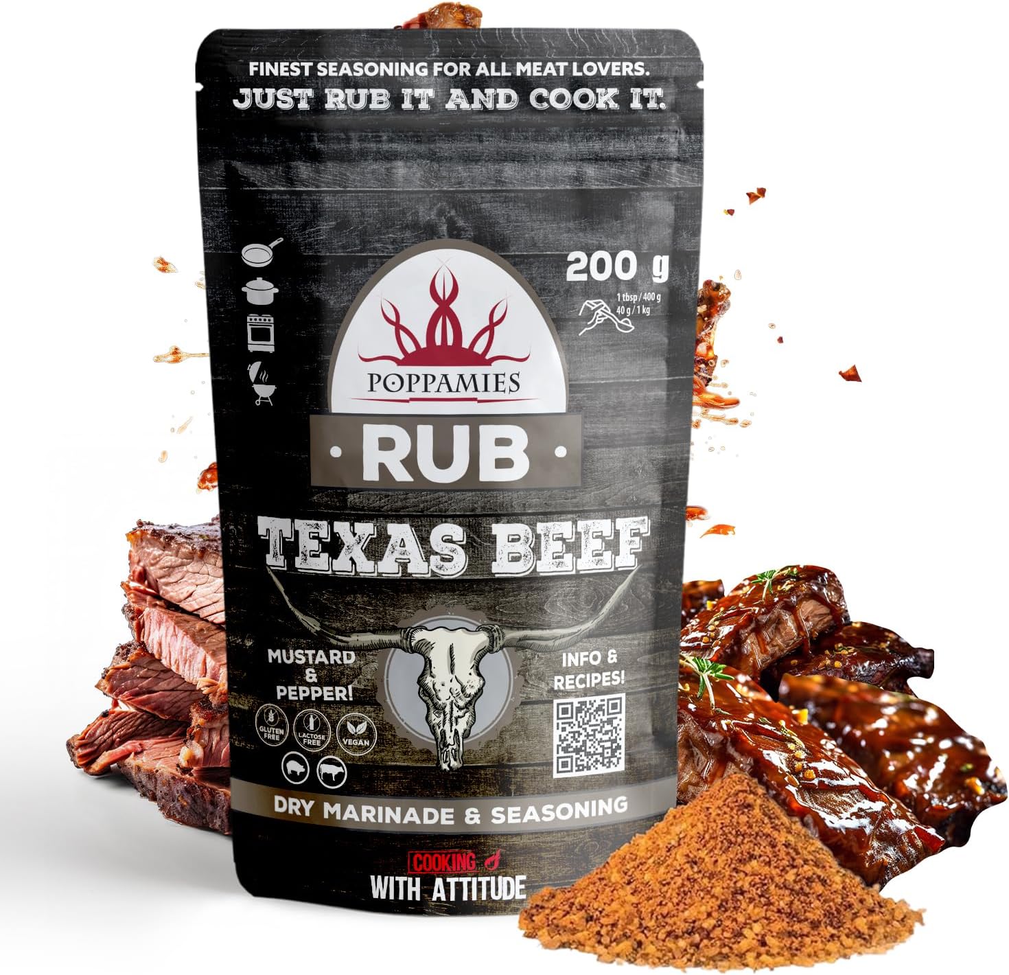 Poppamies Texas Beef BBQ Rub - 100% Natural BBQ Seasoning - Dry Marinade & Perfect Seasoning for Beef & Pork - Great in The Grill Oven Boiler - Perfectly Balanced Blend Of Spices - Large Pack (200g)