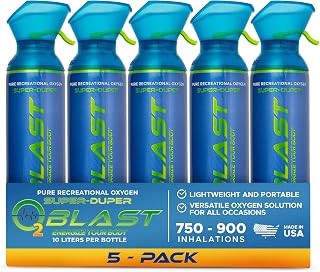 O2 Blast 95-99% Pure Oxygen, 10 Liter Portable Can 5 Pack with Custom Breathing Mask, Increase Stamina & Reduce Recovery Time, Ideal for High Altitude & Sports Recovery