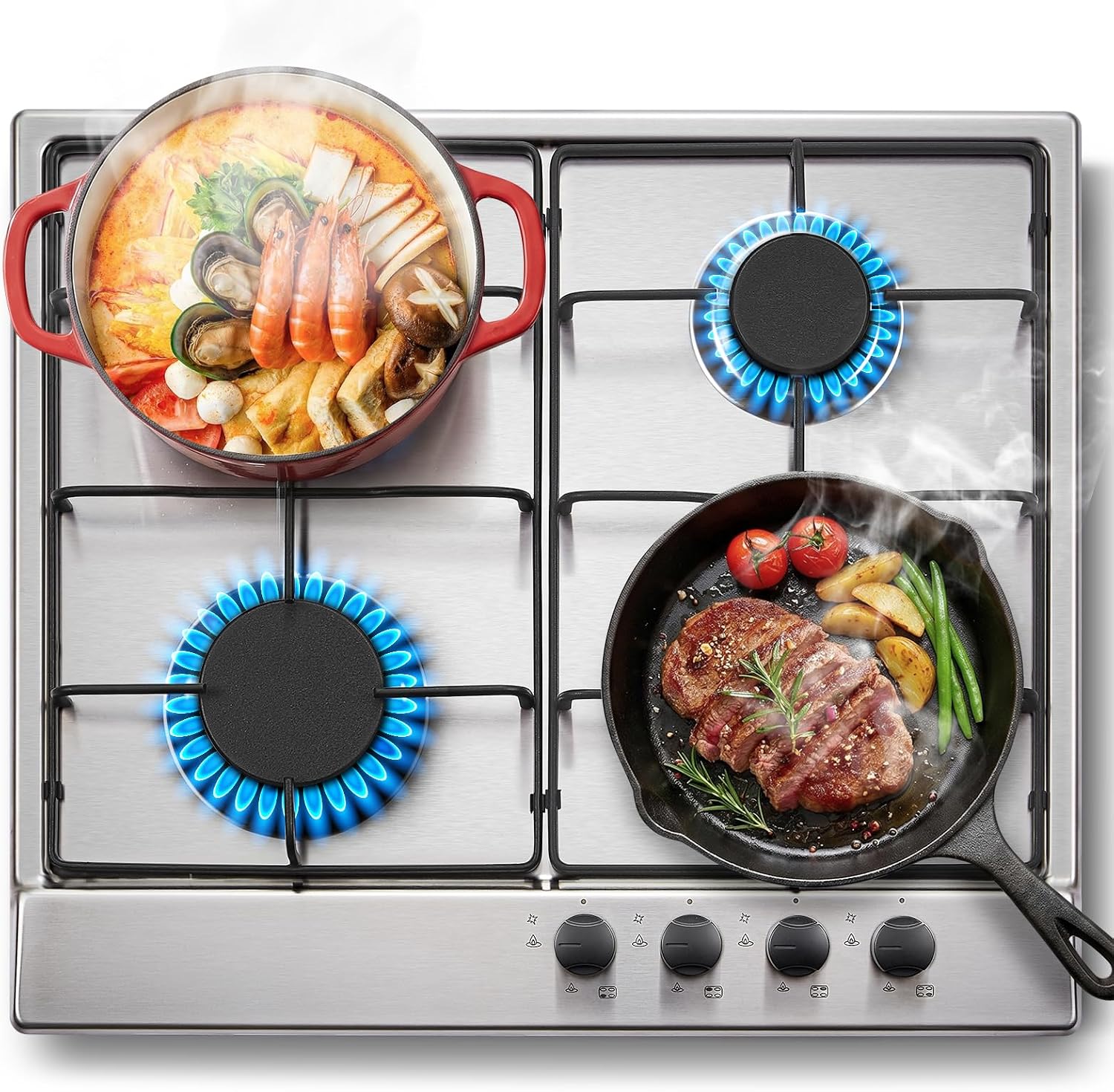 SNDOAS Gas Hob 4 Burners, 60cm Stainless Steel Cooktop, 7060W