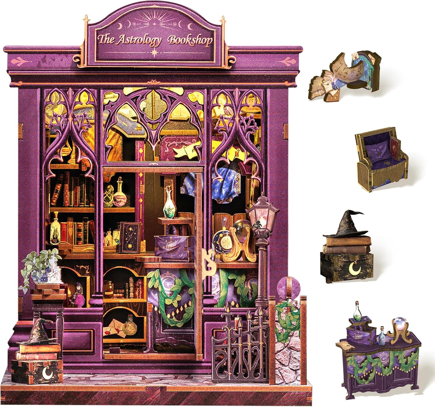 Cutefun Book Nook Kit, DIY Miniature Dollhouse Booknook Kit for Adults and Teens, Tiny House Bookshelf Insert Decor with LED Light, Gifts for Family and Friends (The Astrology Bookshop)