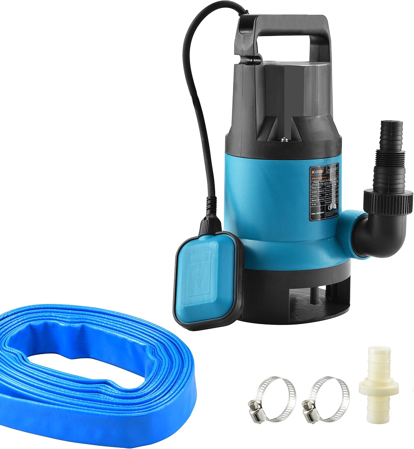 KATSU 400W Portable Submersible Pump for Clean and Dirty Water 8000L/h for Garden Pond, Pools, Ditches + 10m 1" PVC Hose + Quick Coupler Connector + Float Switch