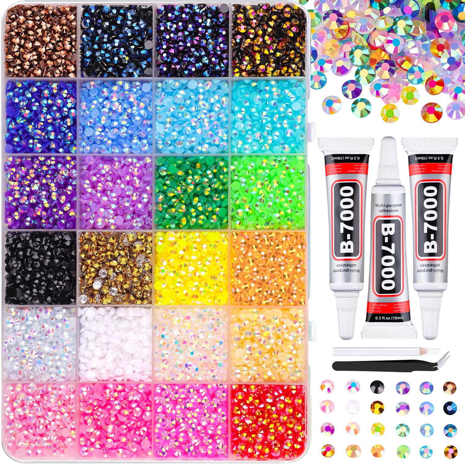 32000Pcs Resin Jelly Rhinestones for Bedazzling, Multicolor 3mm Flatback Gems for Diamond Art, Bedazzler Kit with 3Pcs 10ml B7000 Jewelry Glue for Nail Art Crafting Book Makeup
