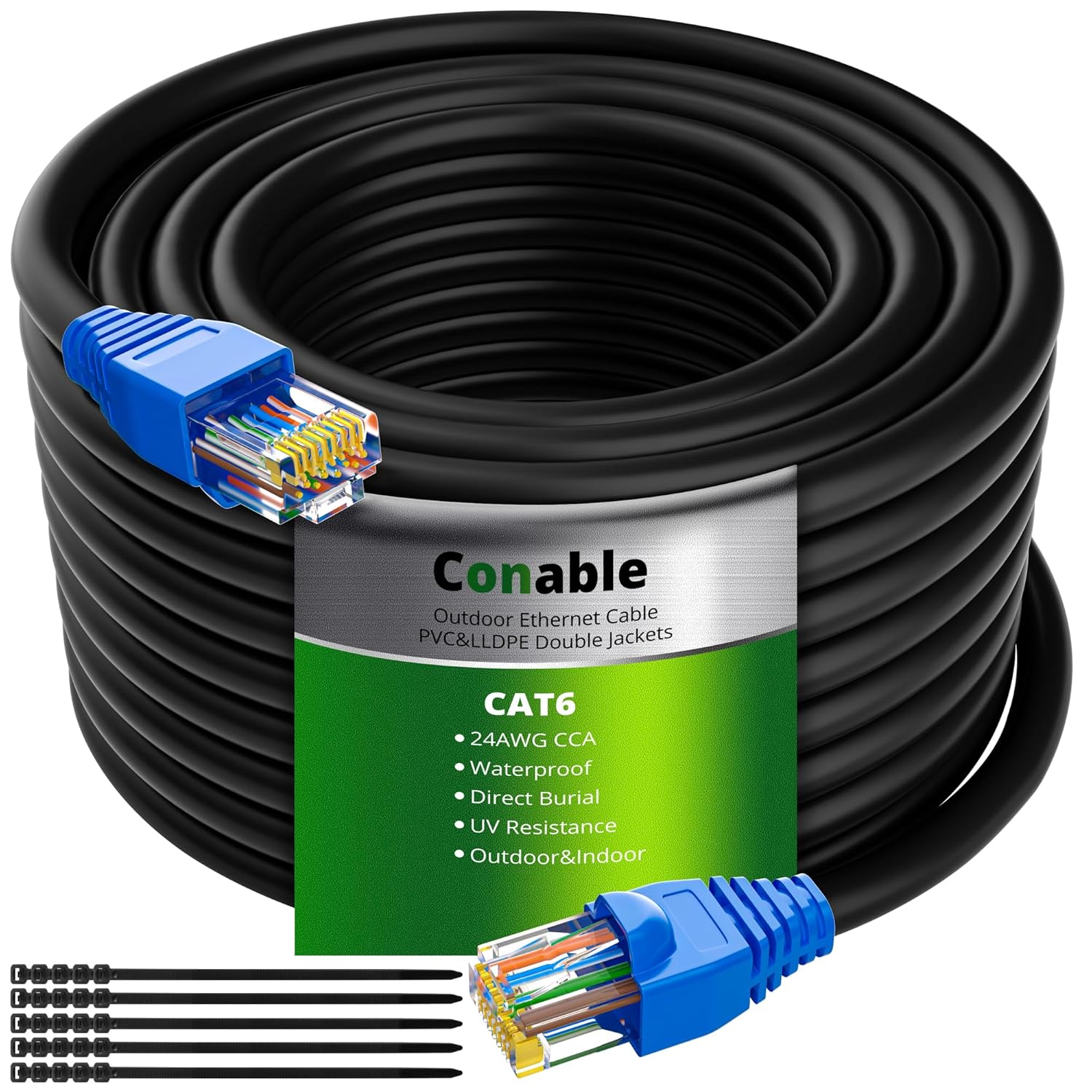 Cat6 Outdoor Ethernet Cable 100ft, Heavy Duty Double Jackets Internet Cord, Waterproof, Direct Burial, (from 25FT to 500 FT) Support PoE Cat6 Cat5e Cat5 Network, Cat 6 RJ45 Patch Cable with 25 Ties