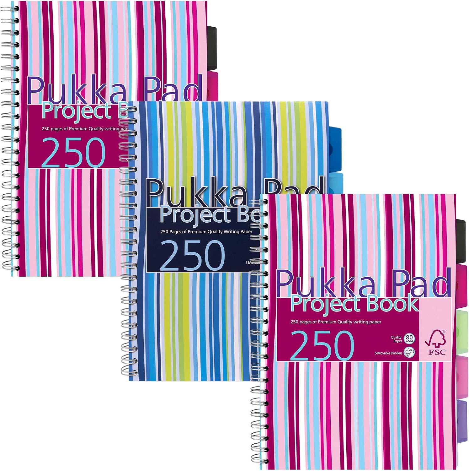 Pukka Pad, A4 Stripes Project Book 3 Pack – 21 x 30cm – Wirebound Notebook 80GSM Paper – Includes Repositionable Dividers with Storage Pocket - 250 Pages