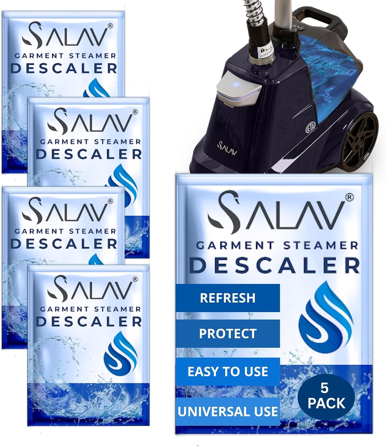 SALAV Garment Steamer Descaling Solution Packets for Build-up Removal, 5pc