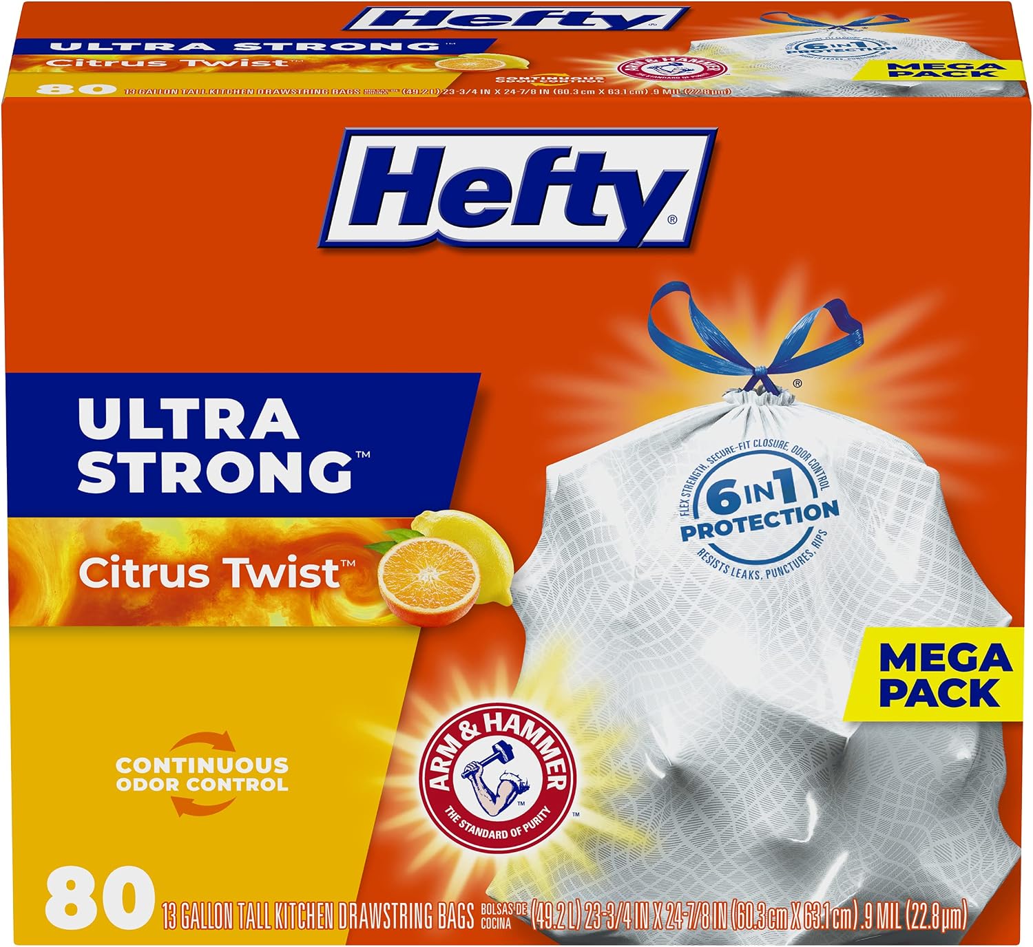 Hefty Ultra Strong Tall Kitchen Trash Bags, 13 Gallon Citrus Twist Scent, 80 Count (Pack of 1), White