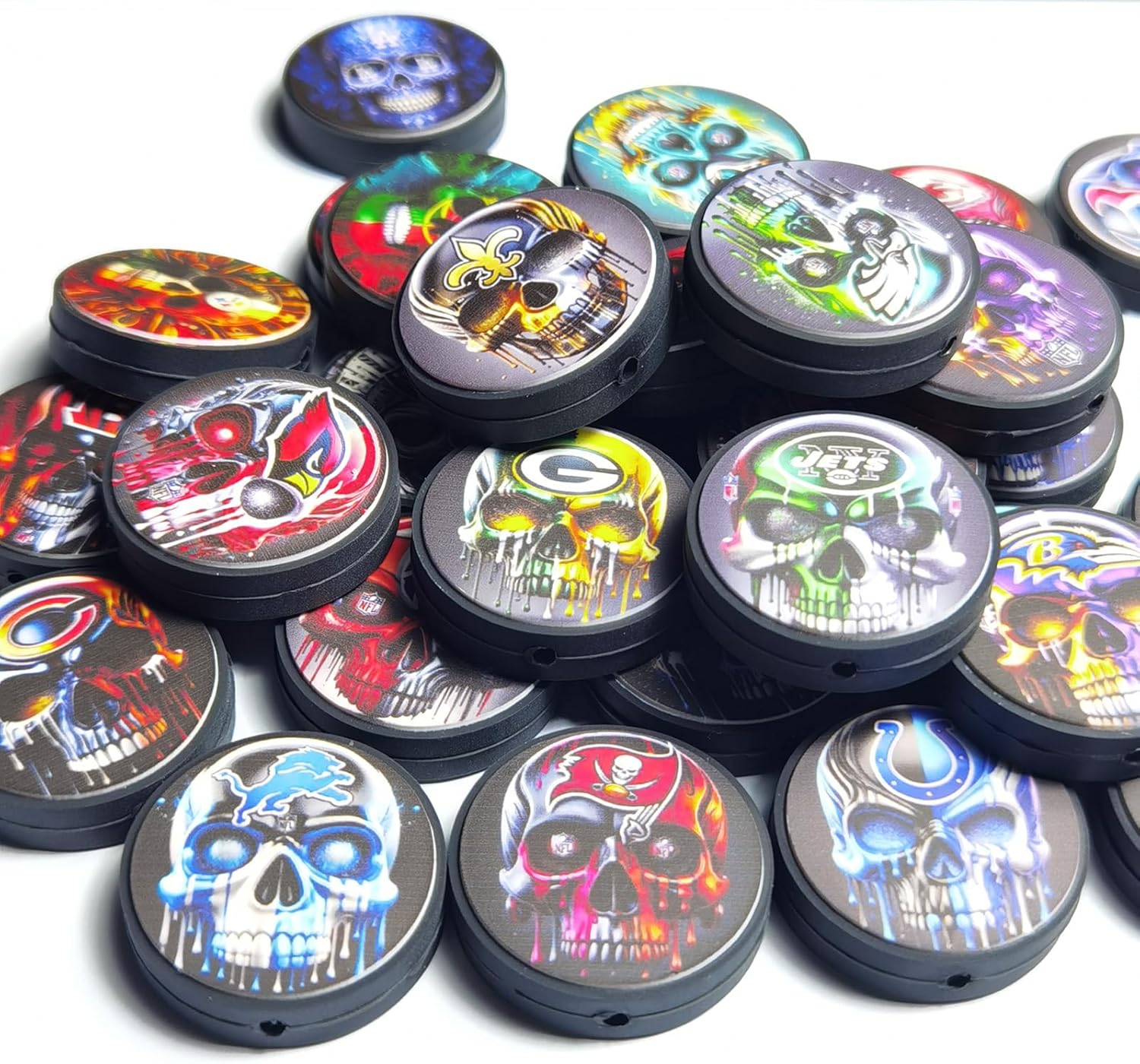 32 Pcs Halloween Football Silicone Focal Beads for Pens Bulk, Glow in The Dark Loose Rubber Shaped Skull Bead for Beadable Beaded Pen Keychain Making