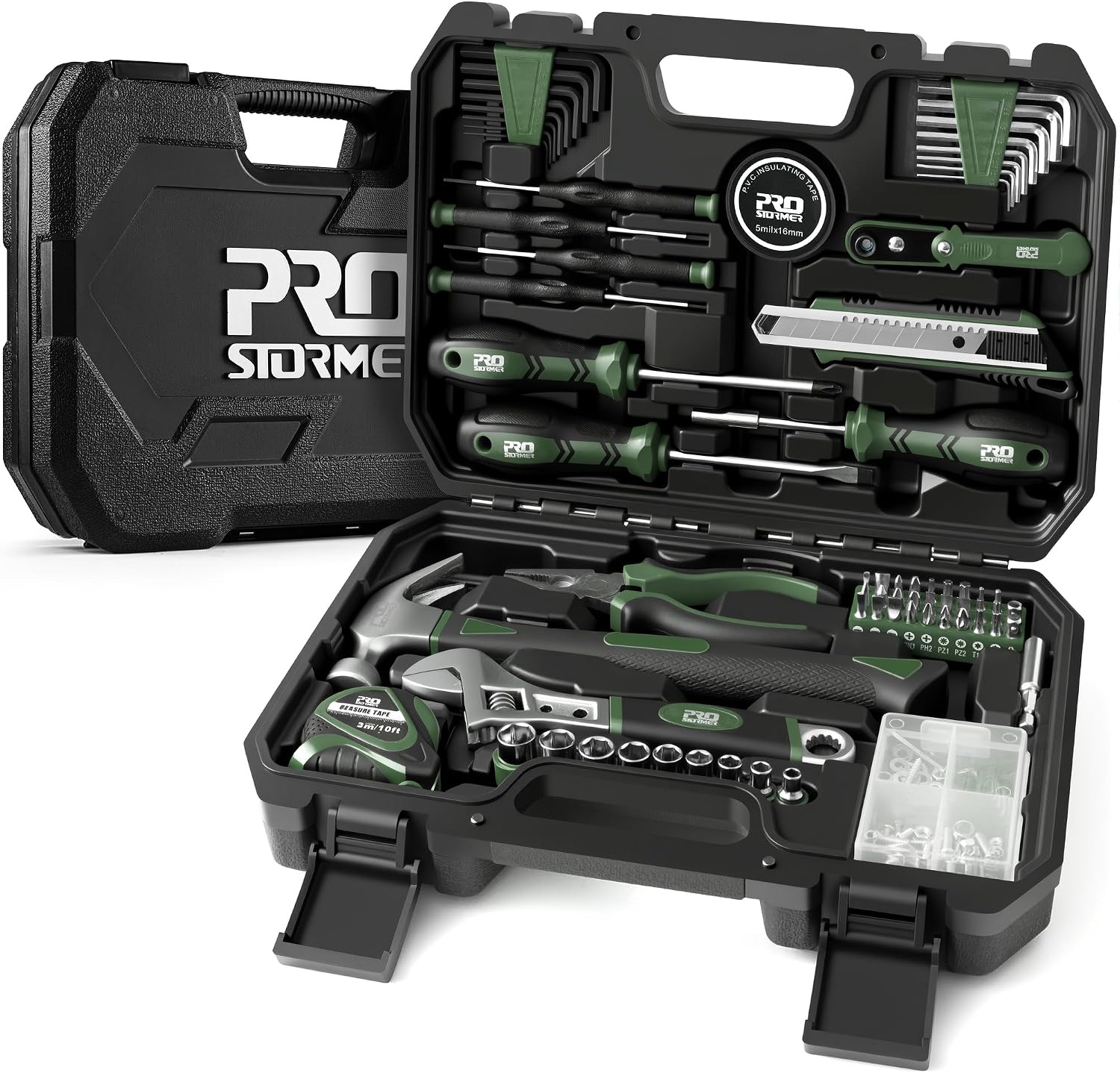 Prostormer 160-Piece Tool Set, Basic Home Repair Kit, Green | Toolbox Storage Case Included, All-Purpose Tools for House, Garage, College Dorm and Office