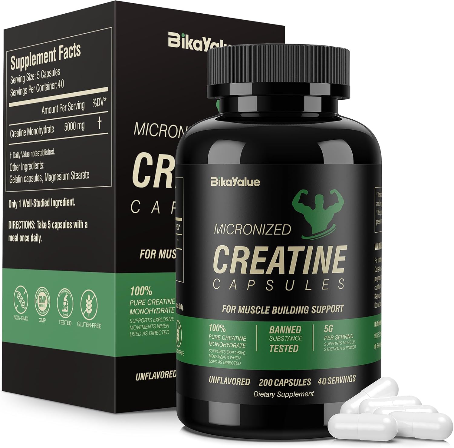 Micronized Monohydrate Creatine, 5000mg Per Serving Creatine Capsules Supplement(40 Servings), for Muscle Growth, Increased Strength, Energy Recovery, Gluten Free for Women and Men