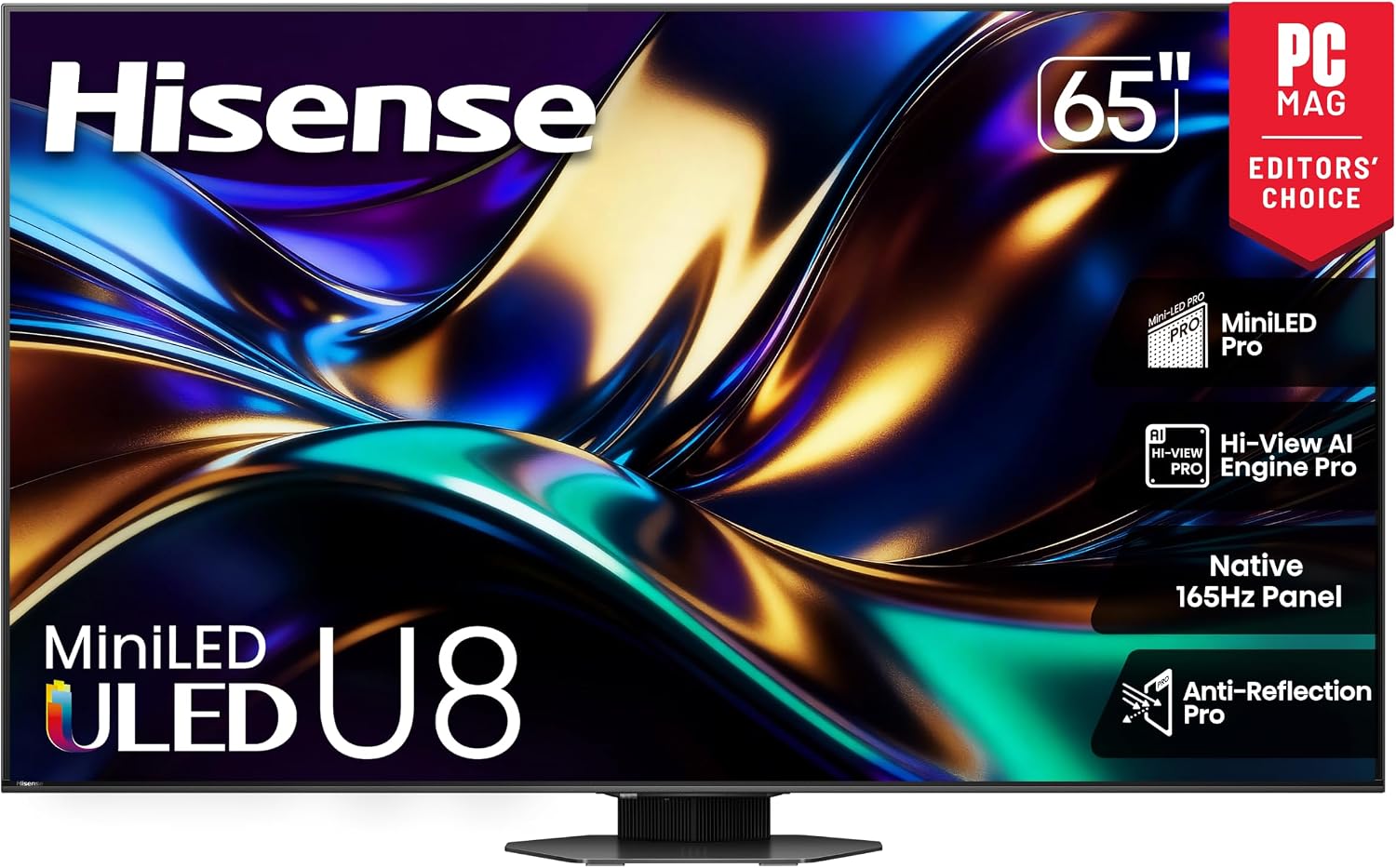 Hisense 65" U8 Series ULED Mini-LED 4K UHD Smart Google TV (65U8QG) - QLED, Native 165Hz, VRR 288, Up to LD5600, 5000 Nits, HDR10+, Dolby Vision IQ · Atmos, IMAX Enhanced, 4.1.2 Ch Audio