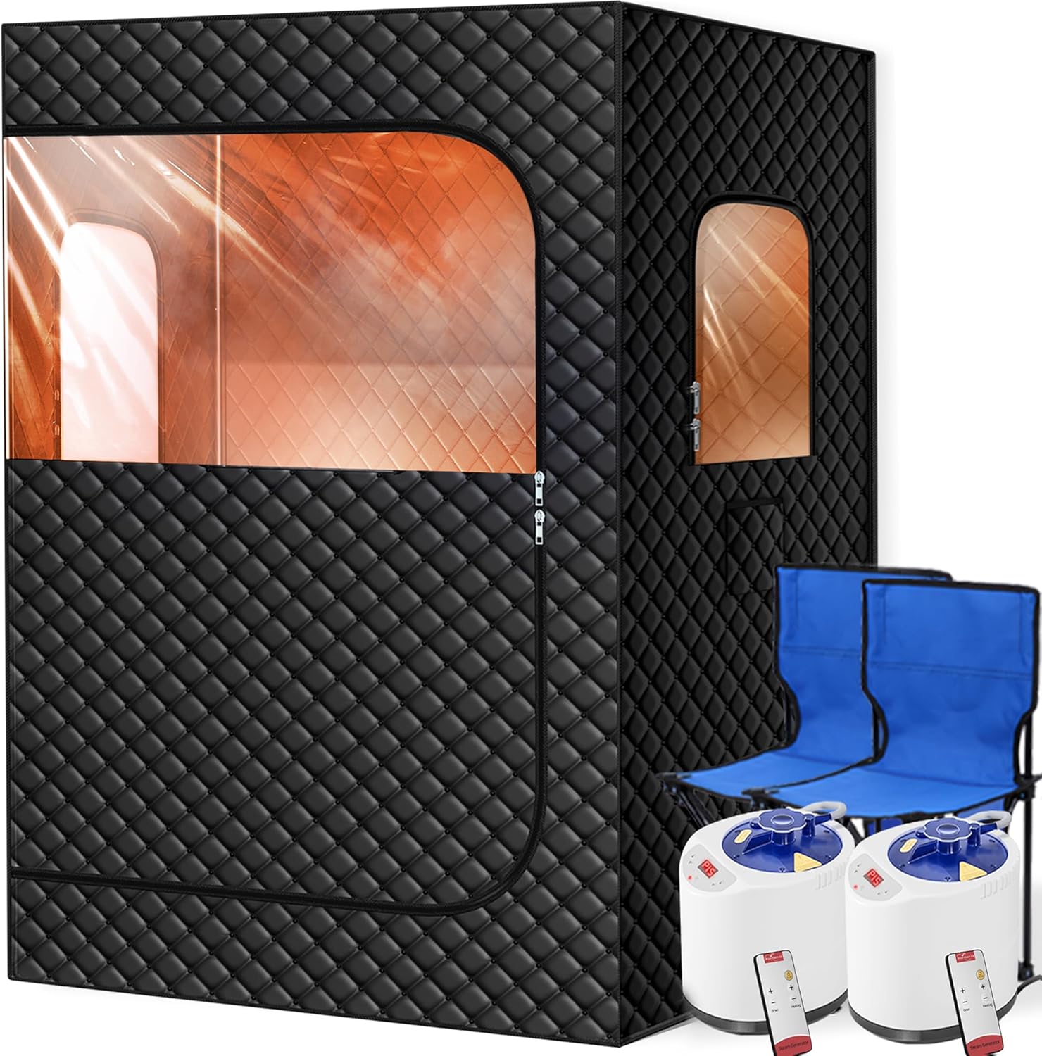 Tehanld 2 Person Portable Steam Sauna for Home, Extra Large Sauna Box, Upgraded 2 Steamer, 2 Foldable Chair & Remote Control, Black