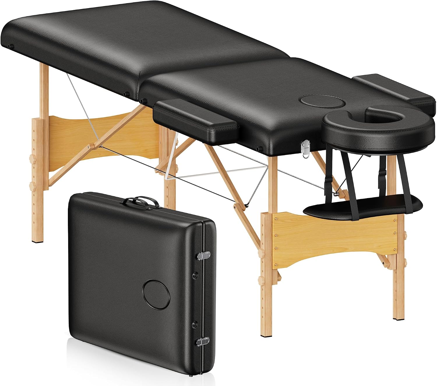 Brelley Massage Table Portable Wooden Lash Bed 2-Fold Tattoo Bed Black | Adjustable Height, Beech Wood, 490Lbs Load Capacity, Portable Esthetician Lash Spa Salon Tattoo Bed